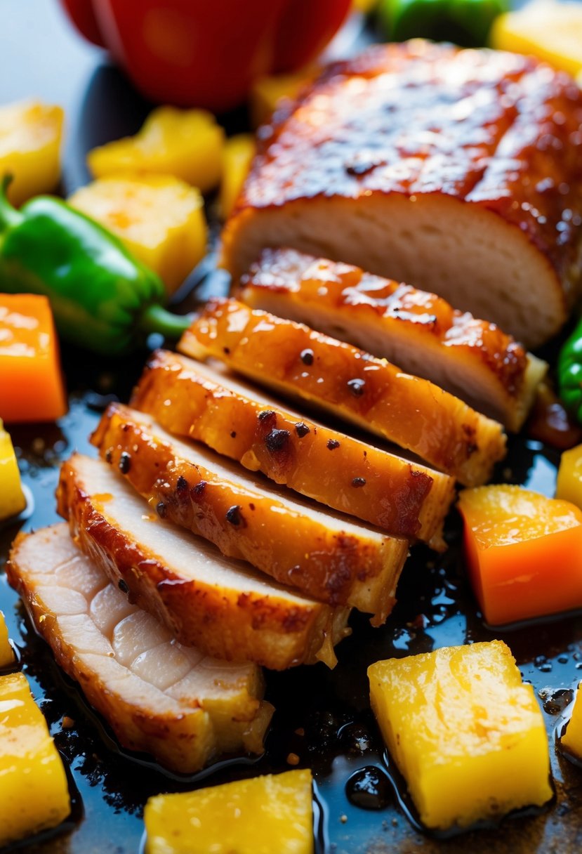 Sizzling pork belly slices in a golden sweet and sour glaze, surrounded by colorful chunks of bell peppers and pineapple