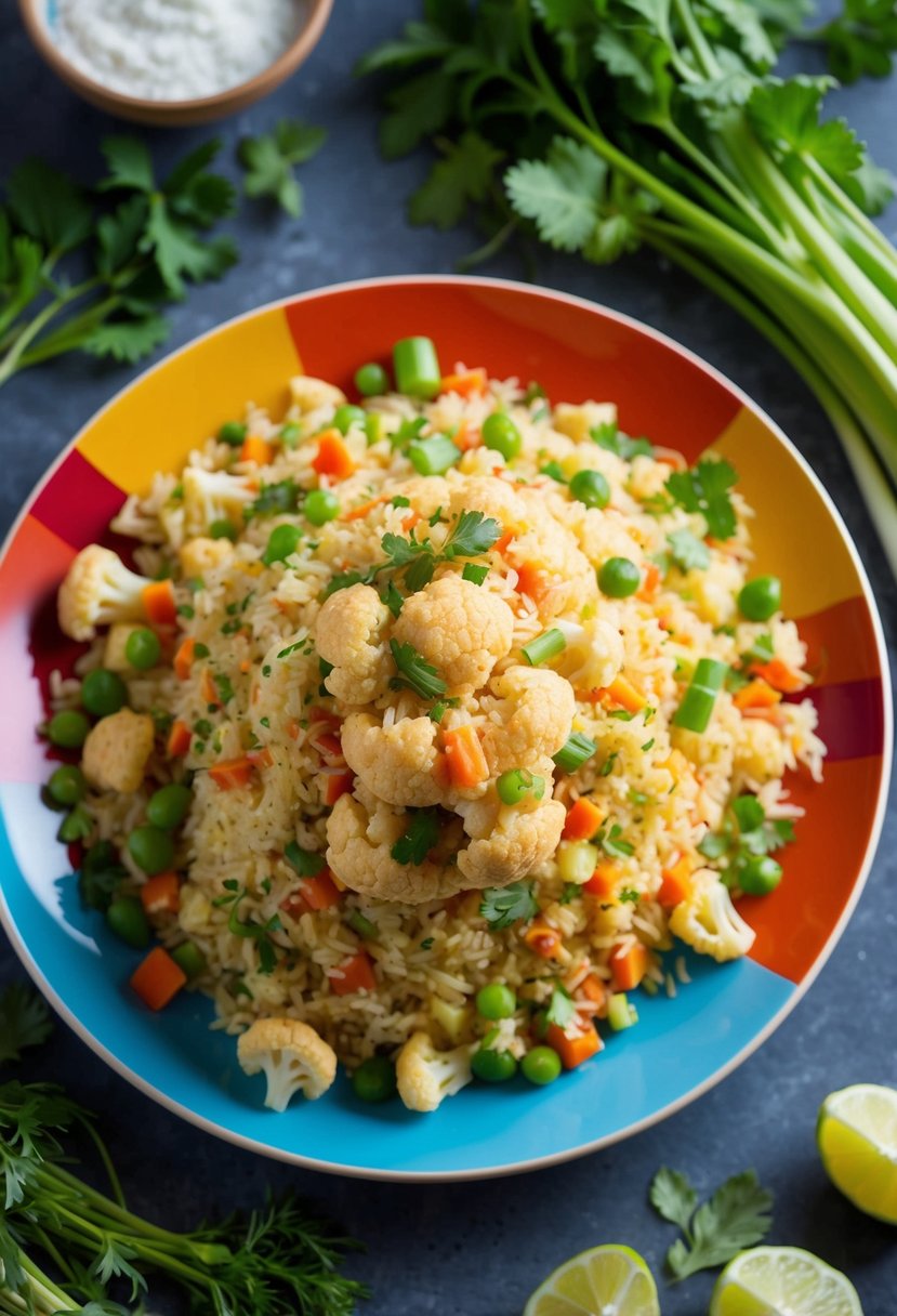 A colorful plate of cauliflower fried rice surrounded by fresh vegetables and herbs