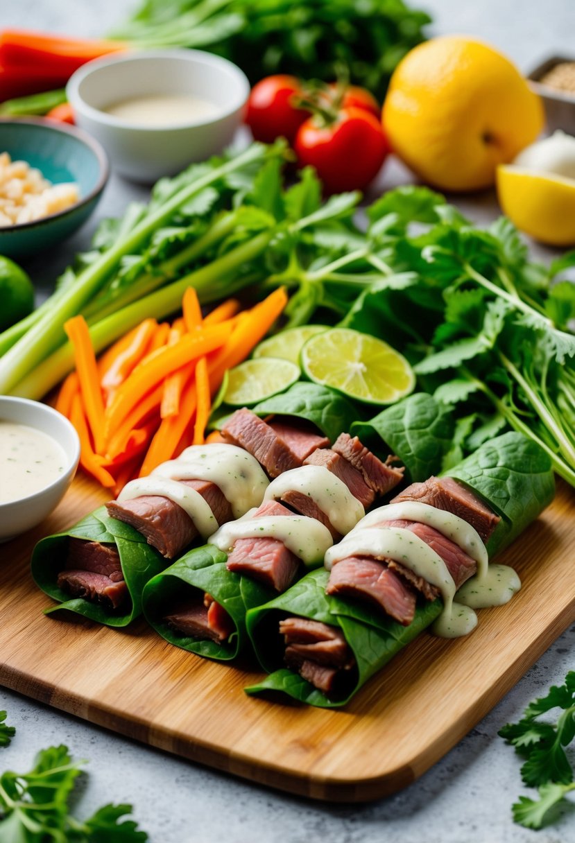 A vibrant array of fresh vegetables, tender slices of beef, and zesty Thai dressing laid out on a wooden cutting board, ready to be assembled into gluten-free, dairy-free beef salad wraps