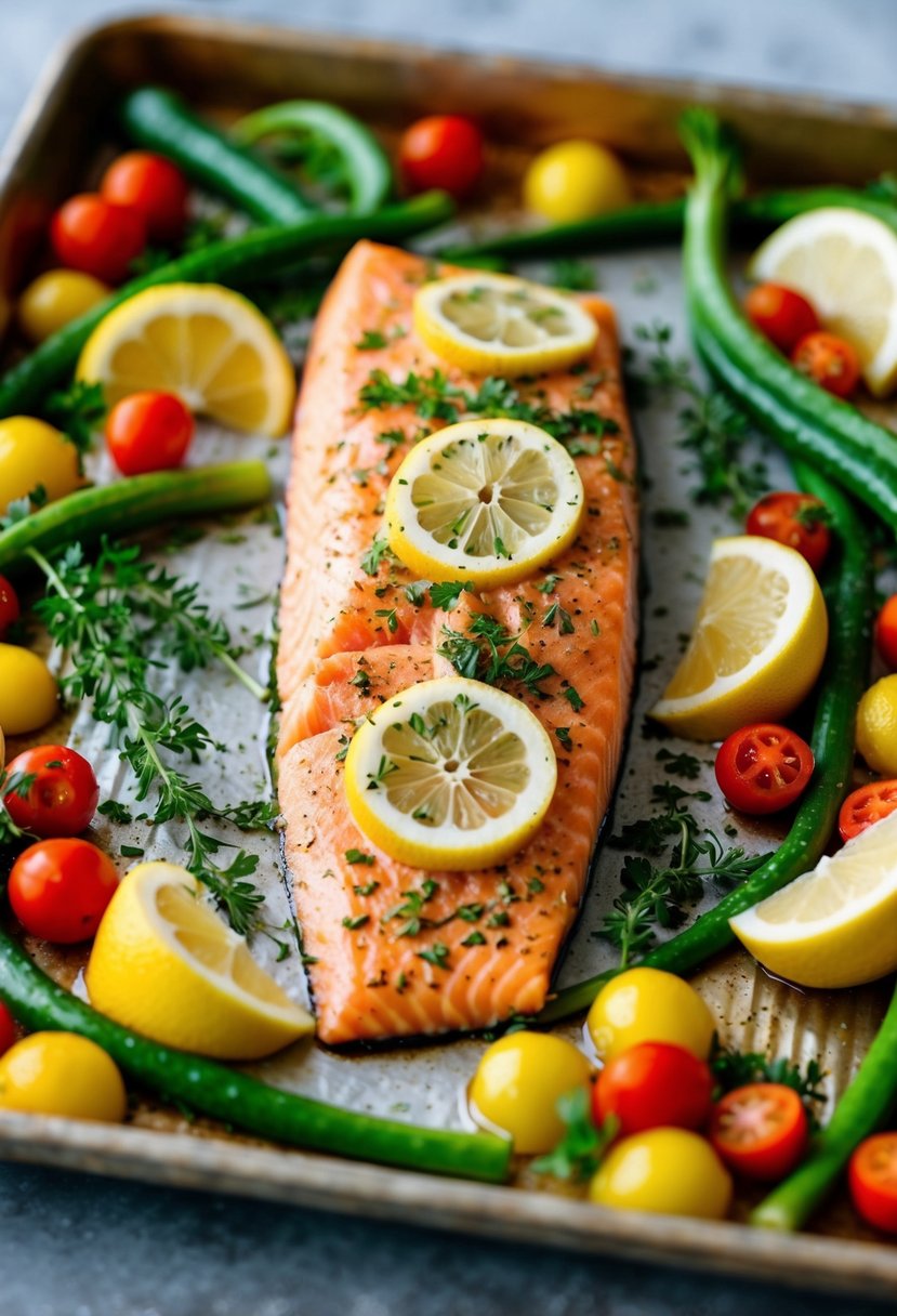 A fresh salmon fillet seasoned with herbs and lemon, surrounded by vibrant vegetables on a baking tray