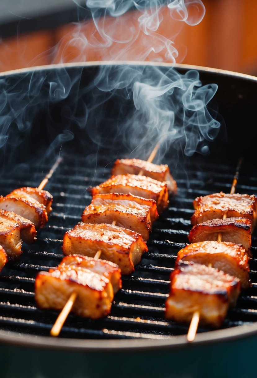 A sizzling grill cooks pork belly skewers, smoke rising