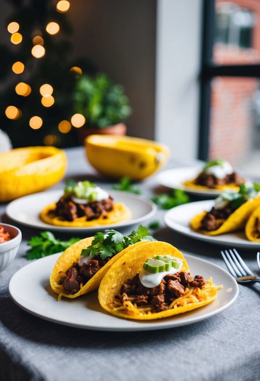 A table set with gluten-free spaghetti squash beef tacos, dairy-free toppings, and fresh ingredients