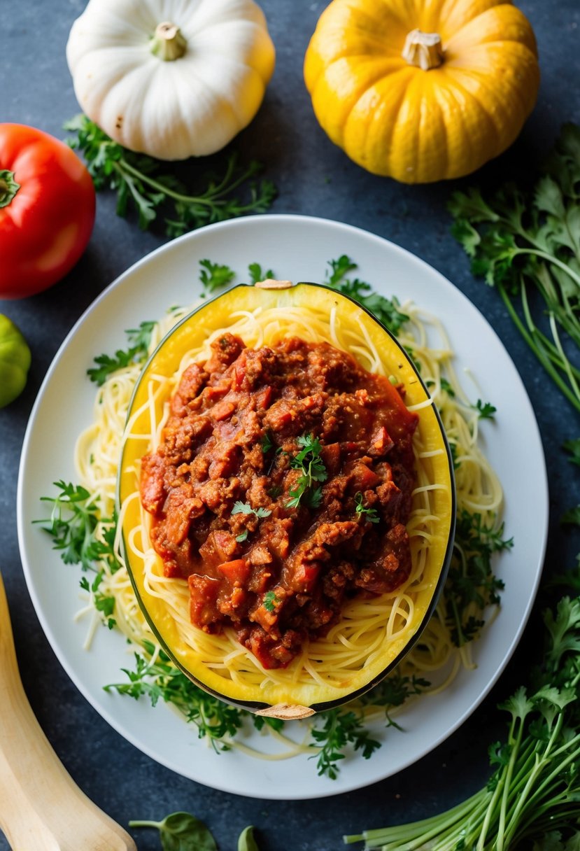 A plate of spaghetti squash topped with bolognese sauce, surrounded by fresh vegetables and herbs