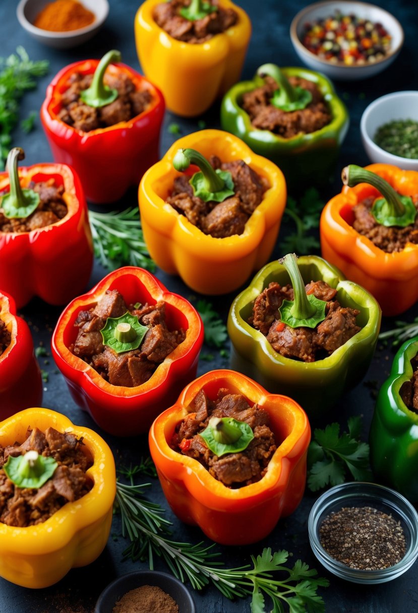 A colorful array of stuffed bell peppers filled with seasoned beef, surrounded by fresh herbs and spices