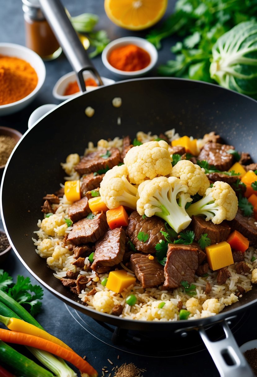 A sizzling wok filled with beef, cauliflower, and rice, surrounded by colorful vegetables and aromatic spices