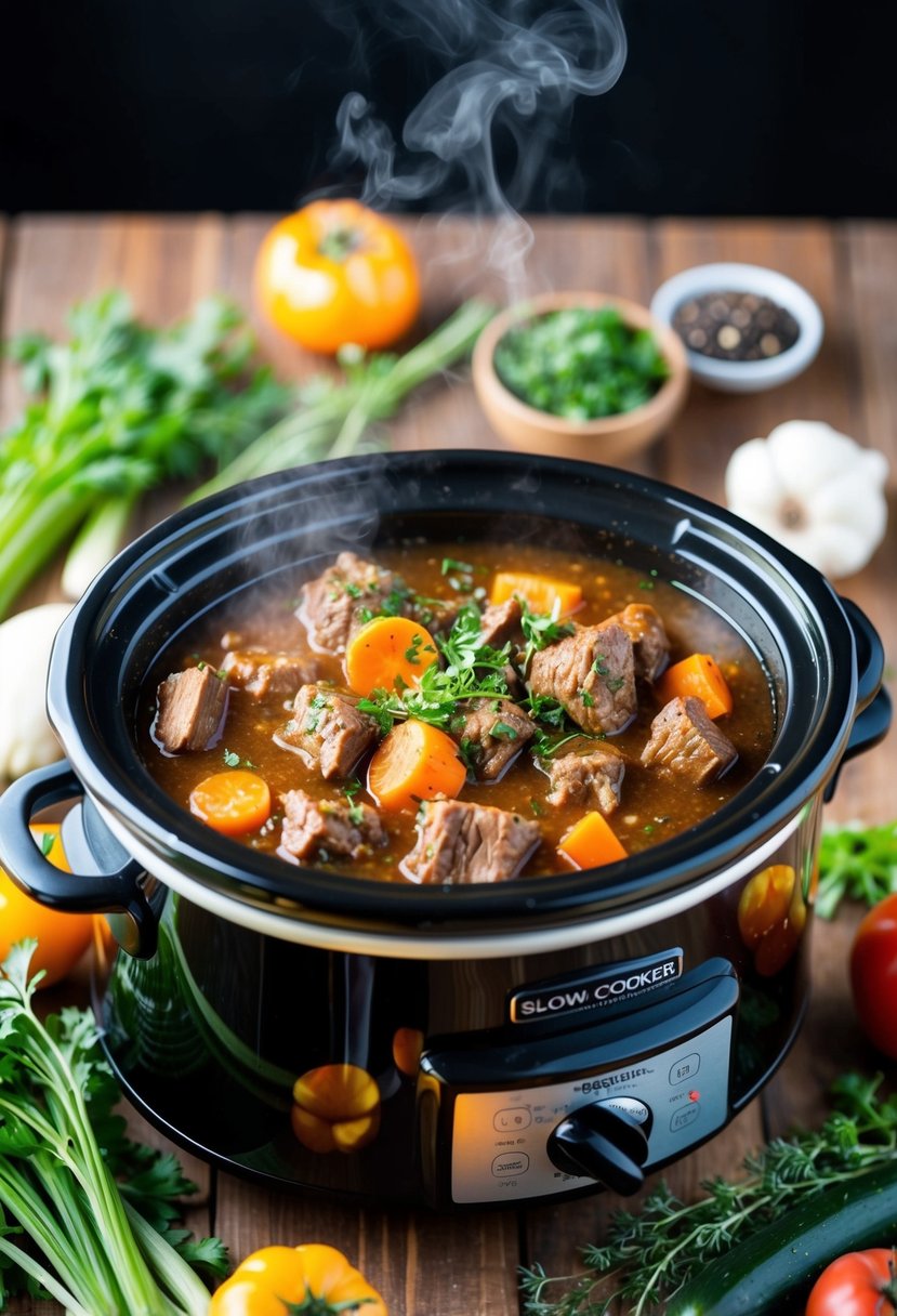 A slow cooker filled with gluten-free, dairy-free beef stew, steaming and surrounded by fresh vegetables and herbs