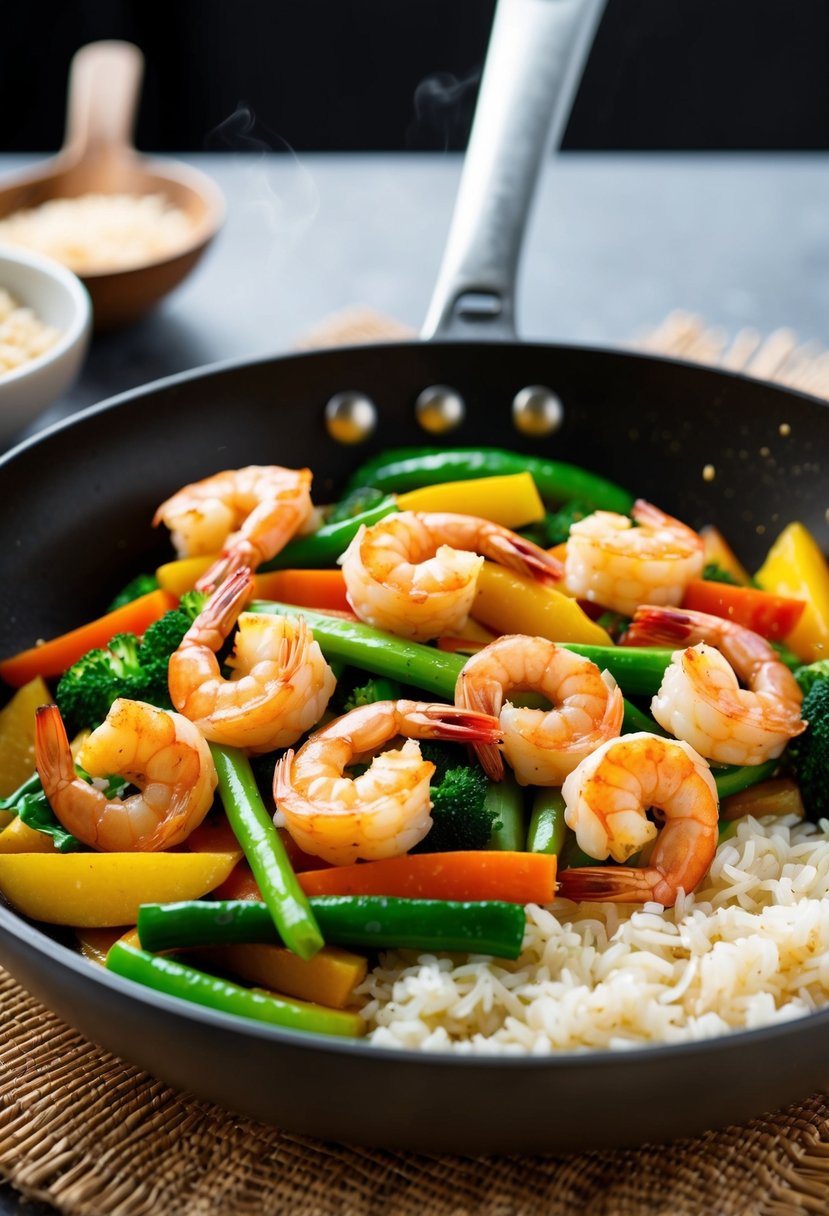 A sizzling skillet with garlic shrimp, colorful stir-fry vegetables, and steaming rice