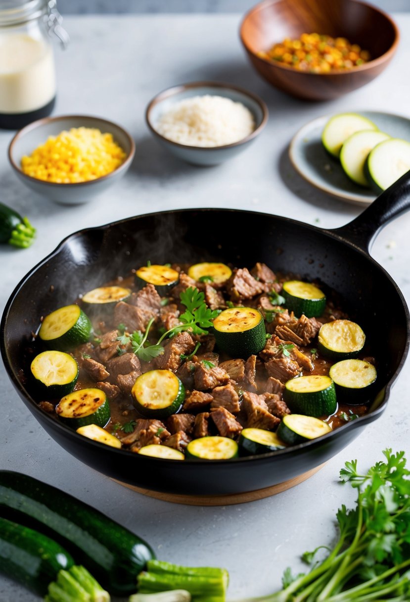 A sizzling skillet with zucchini and beef cooking, surrounded by gluten-free and dairy-free ingredients