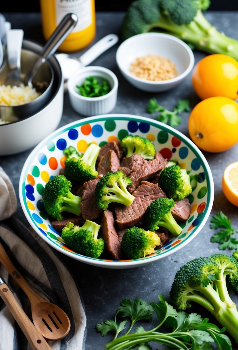 A colorful bowl filled with beef and broccoli, surrounded by fresh ingredients and cooking utensils