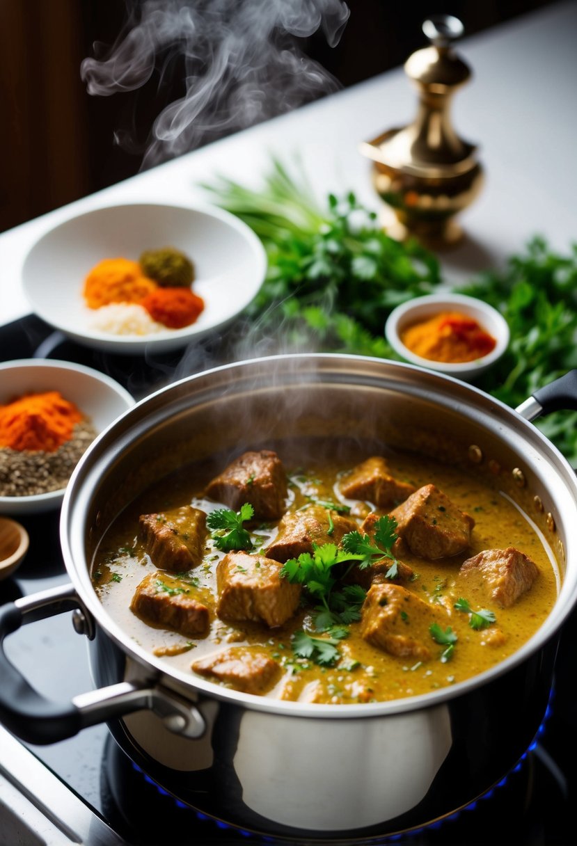 A steaming pot of coconut curry beef simmering on a stove, surrounded by vibrant spices and fresh herbs