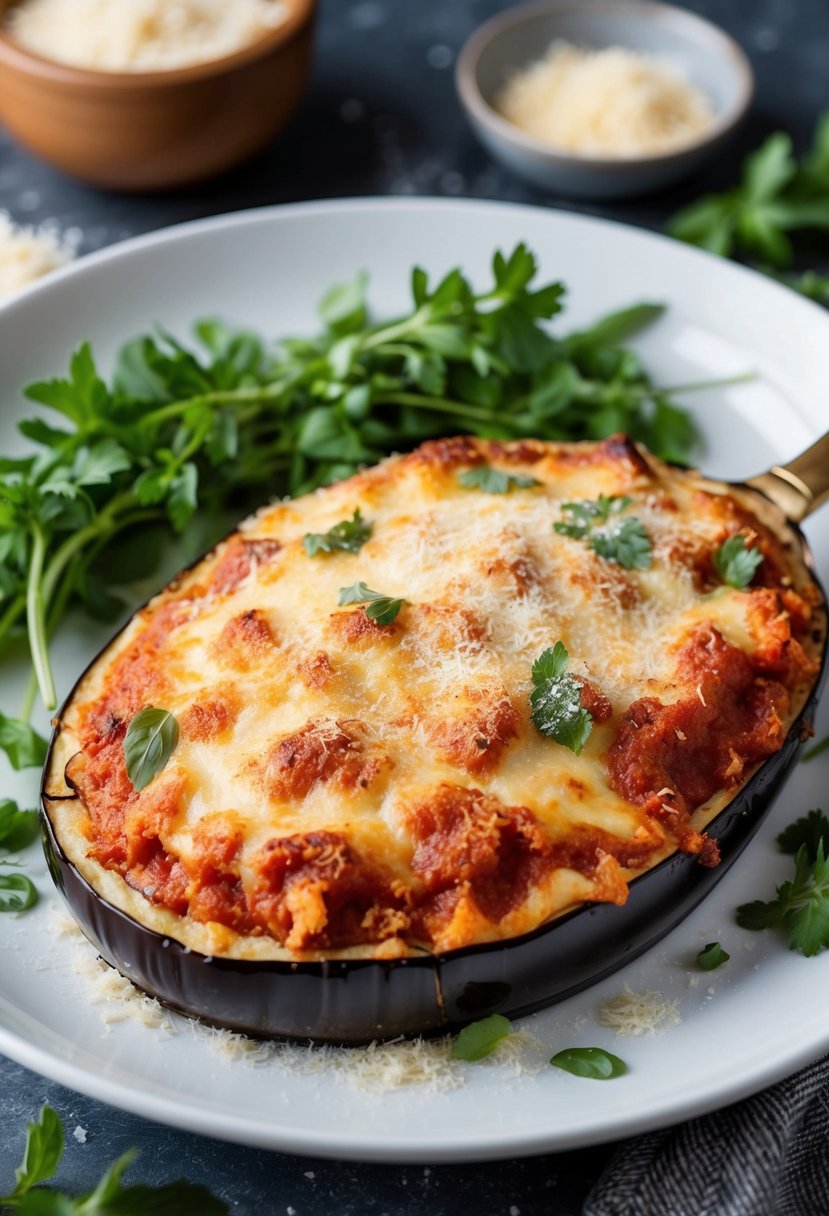 A golden-brown eggplant parmesan bake sits on a white plate, surrounded by vibrant green herbs and a sprinkle of grated cheese