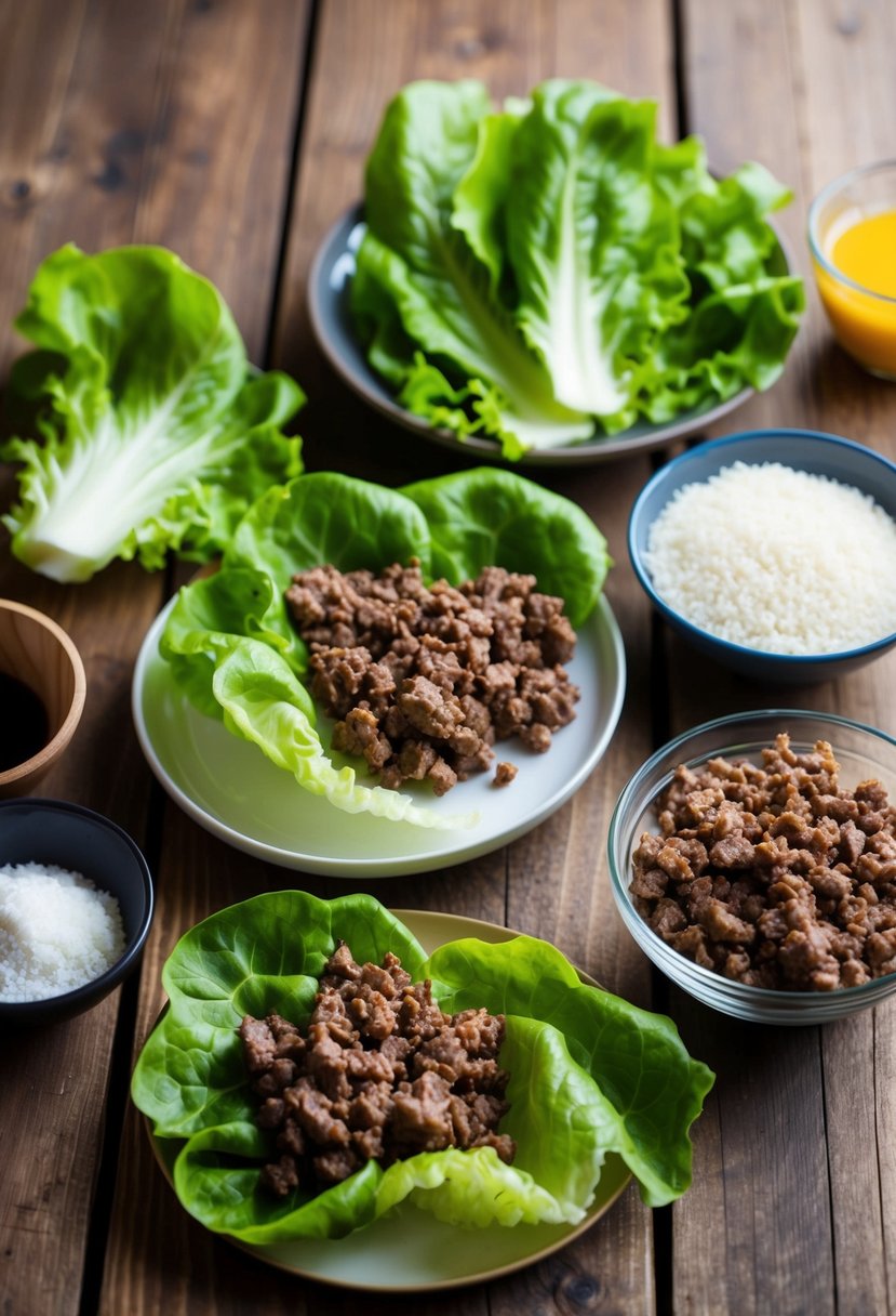 A wooden table set with fresh lettuce leaves, cooked ground beef, and various gluten-free and dairy-free ingredients for making beef lettuce wraps