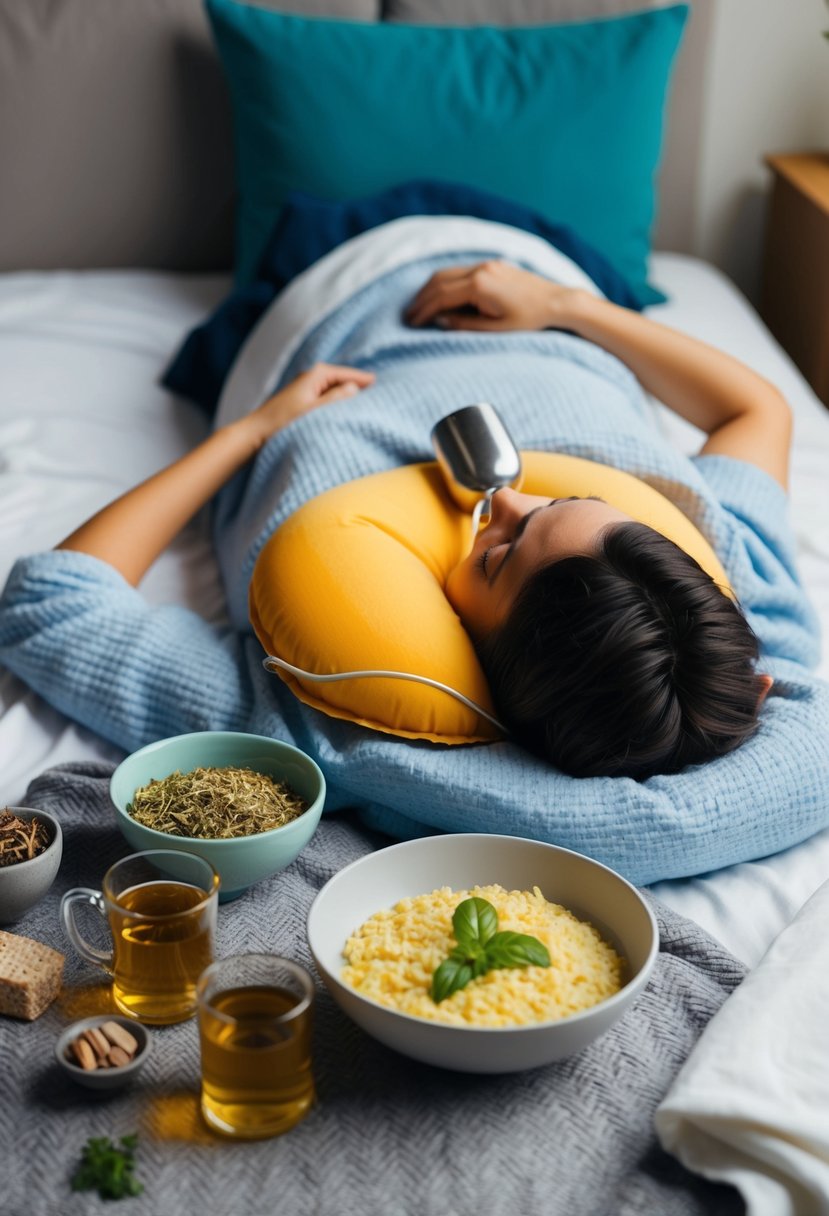 A person lying in bed with a hot water bottle on their stomach, surrounded by herbal teas and a bowl of bland, easily digestible food