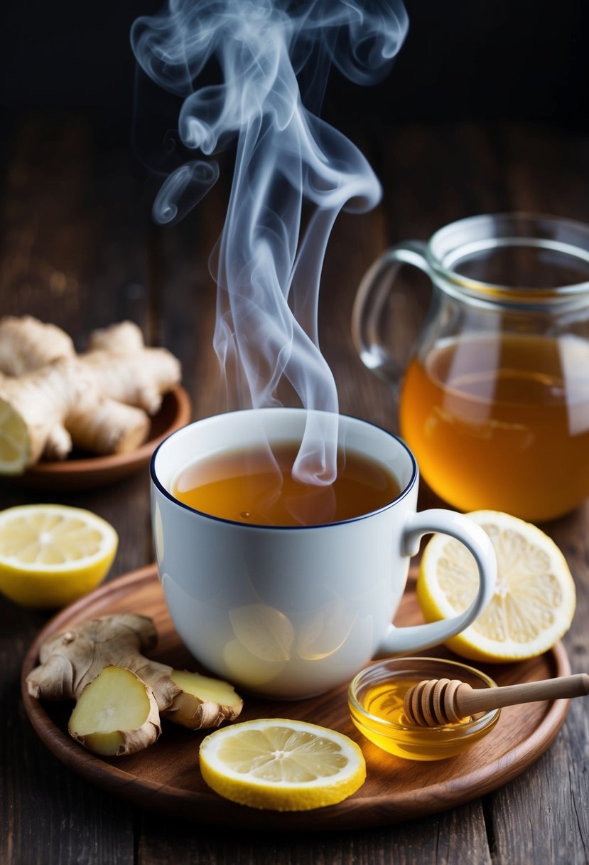 Steam rising from a mug of ginger tea surrounded by fresh ginger root, lemon slices, and honey on a wooden table