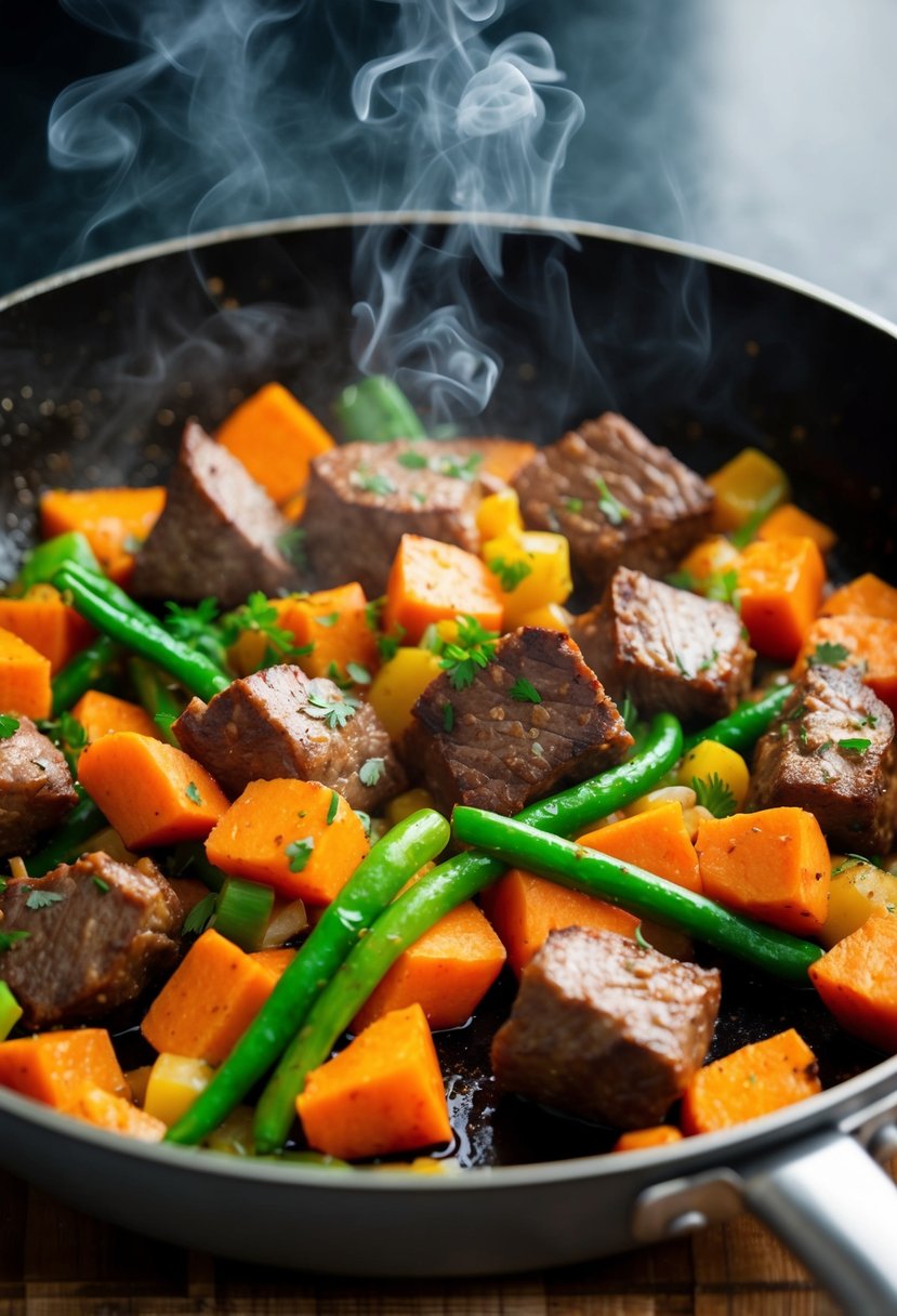 A sizzling skillet with chunks of beef, sweet potatoes, and colorful veggies cooking together, emitting a mouthwatering aroma