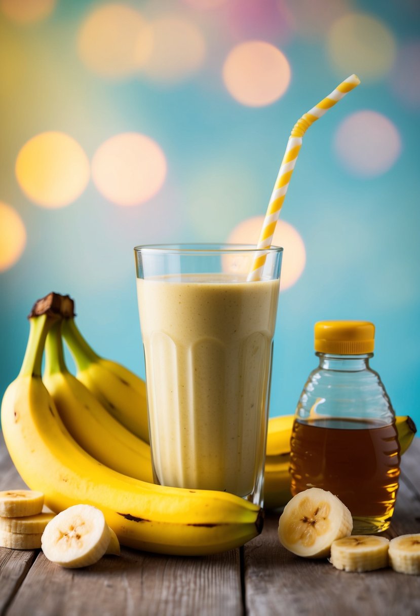 A glass of banana smoothie surrounded by fresh bananas and a bottle of honey, with a soothing background of soft colors and gentle lighting