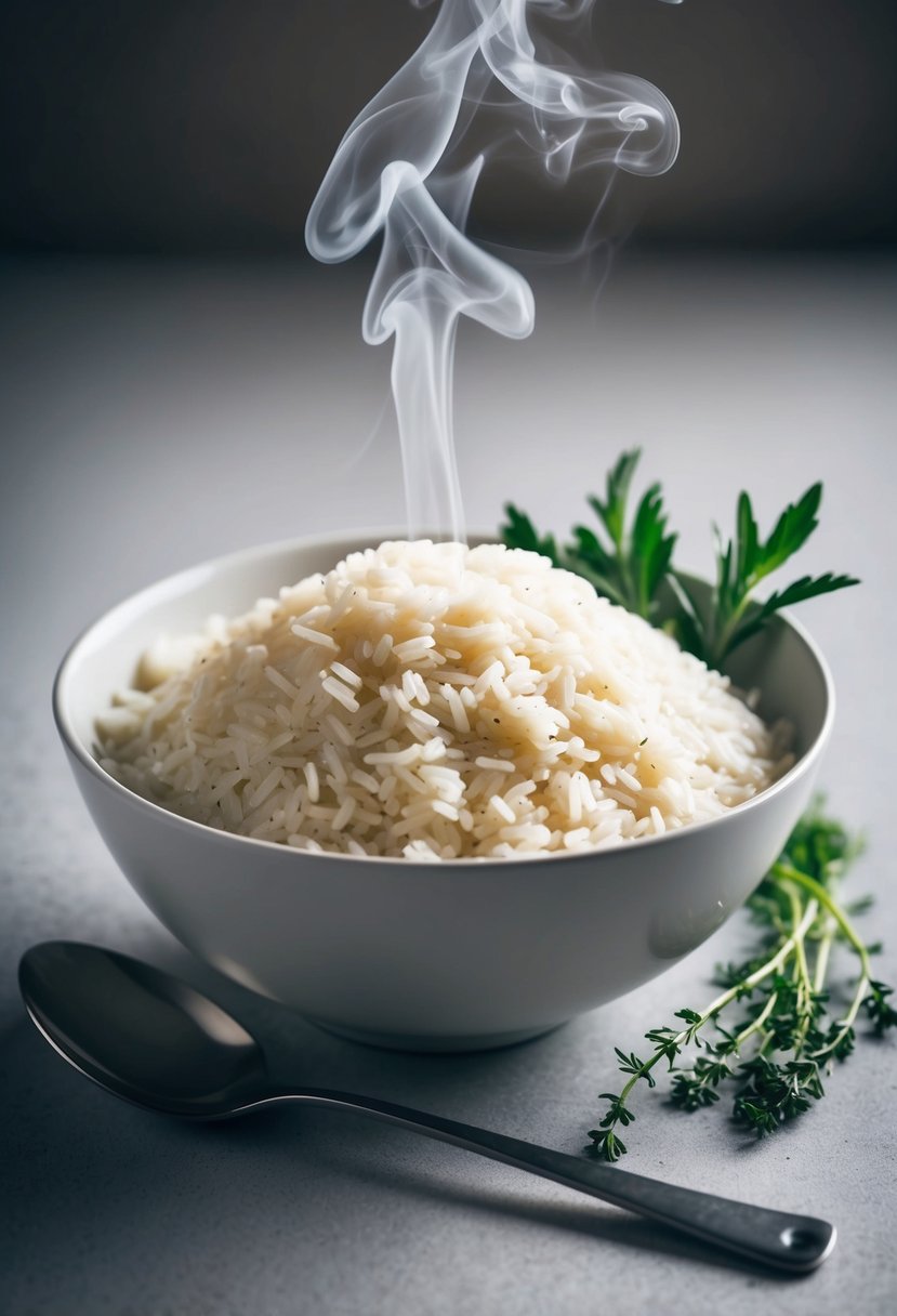 A bowl of plain rice with a gentle steam rising from it, surrounded by a few sprigs of fresh herbs and a spoon resting beside it