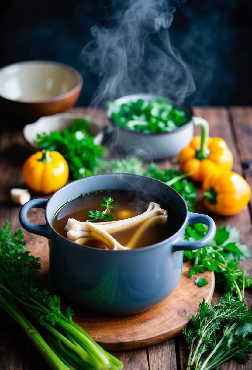 A steaming pot of bone broth surrounded by fresh herbs and vegetables on a rustic wooden table