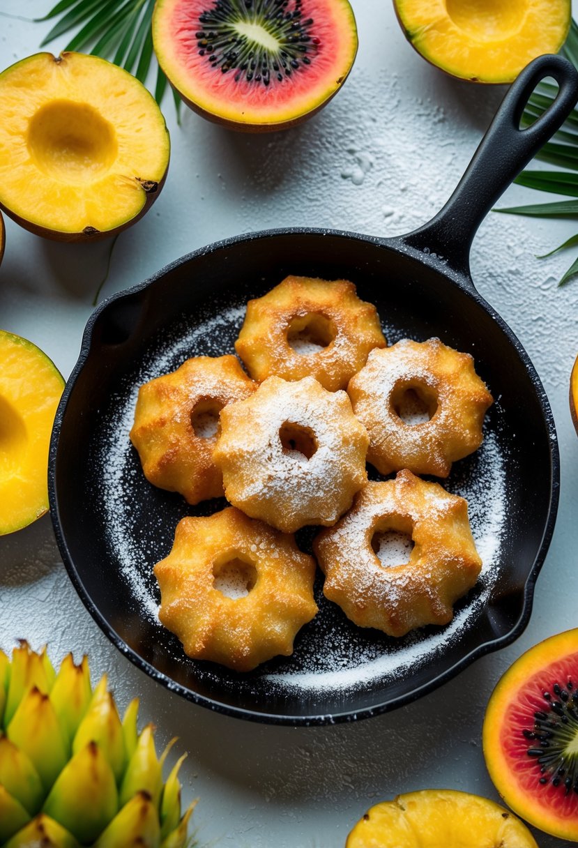 A sizzling skillet of golden brown Jamaican fried dumplings, surrounded by vibrant tropical fruits and a sprinkle of powdered sugar