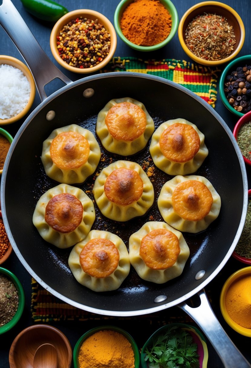 A sizzling pan of golden-brown festival dumplings, surrounded by a colorful array of traditional Jamaican spices and ingredients