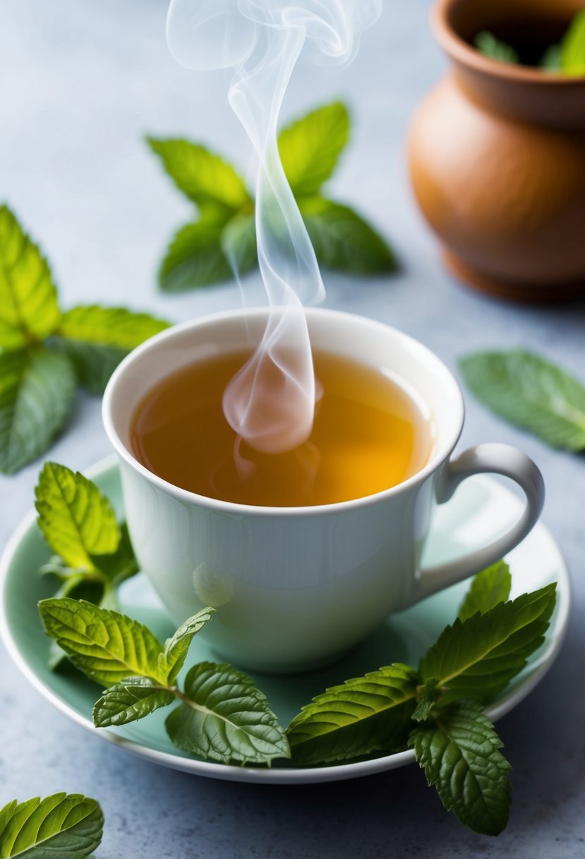 A steaming mug of mint tea surrounded by fresh mint leaves and a sprig of peppermint, with a gentle wisp of steam rising from the cup