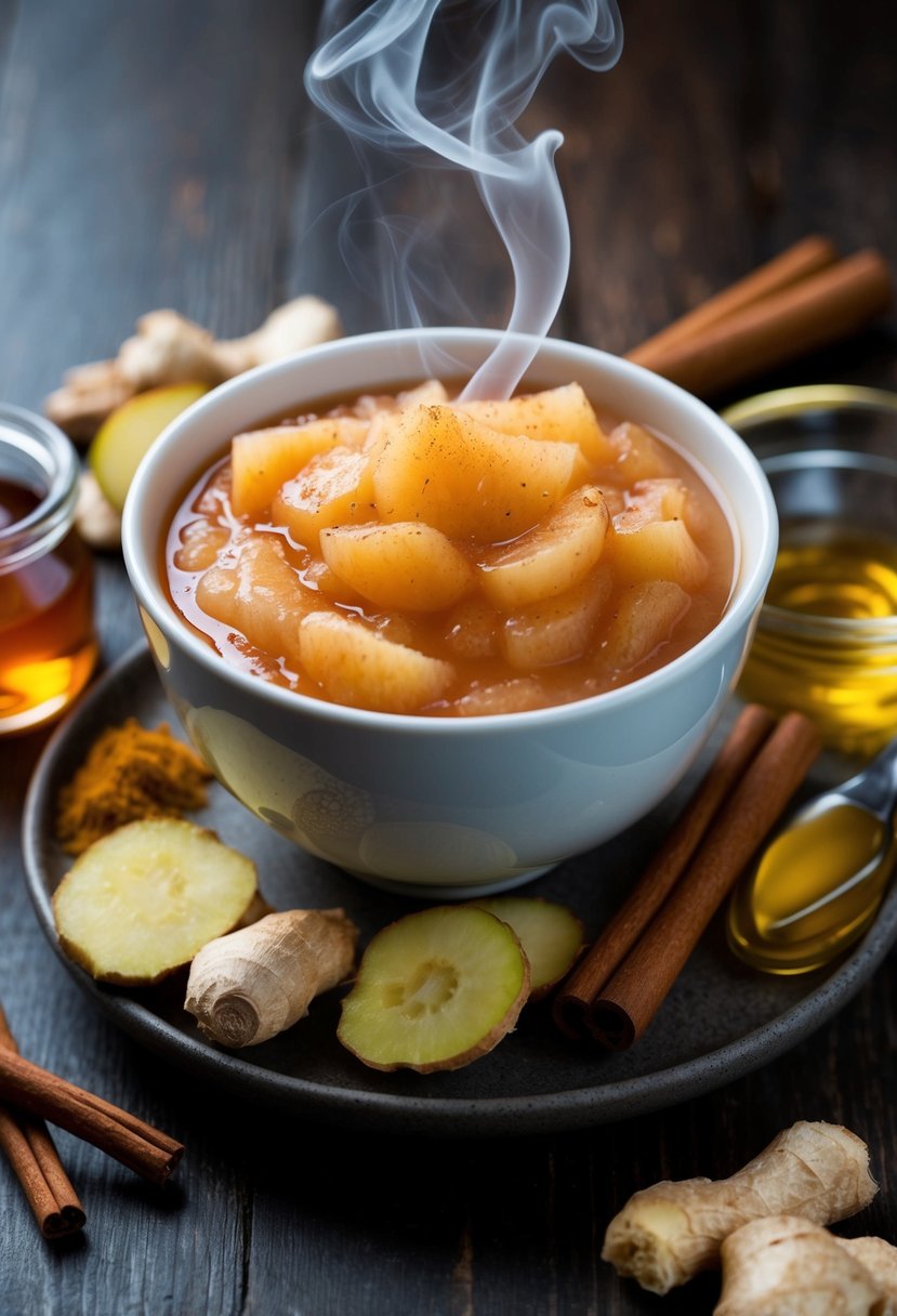 A bowl of applesauce surrounded by a variety of soothing ingredients like ginger, cinnamon, and honey, with a gentle steam rising from it