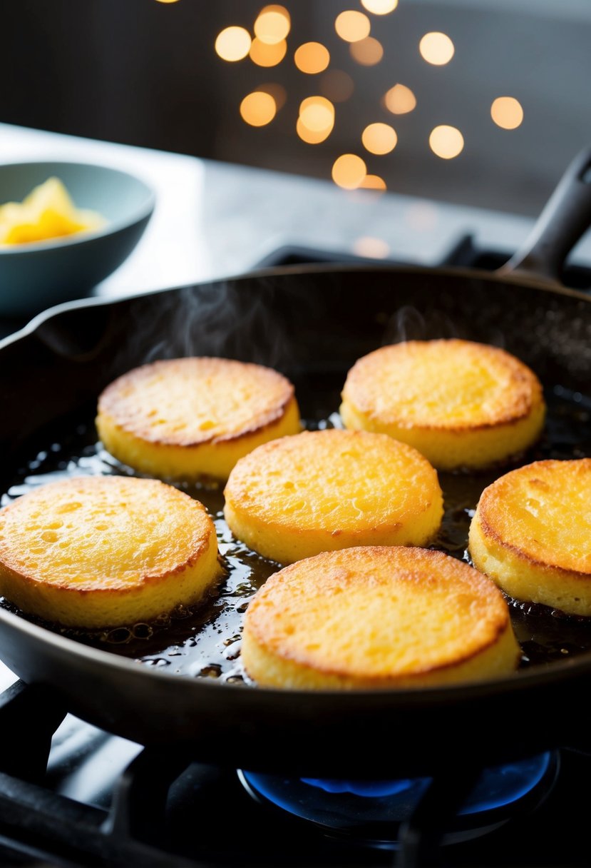 A sizzling skillet of golden Johnny Cakes frying in hot oil