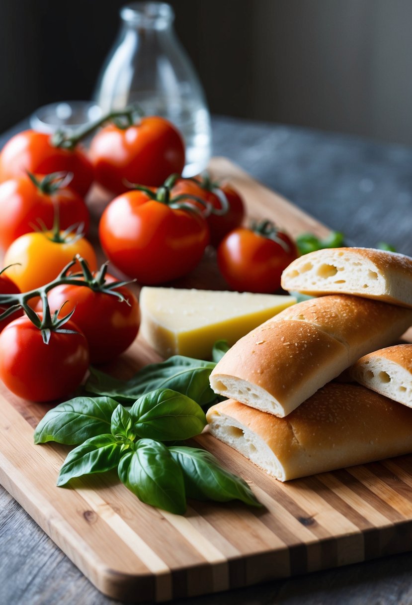 A cutting board with various ingredients such as tomatoes, basil, and cheese, alongside a pile of ciabatta rolls from Trader Joe's