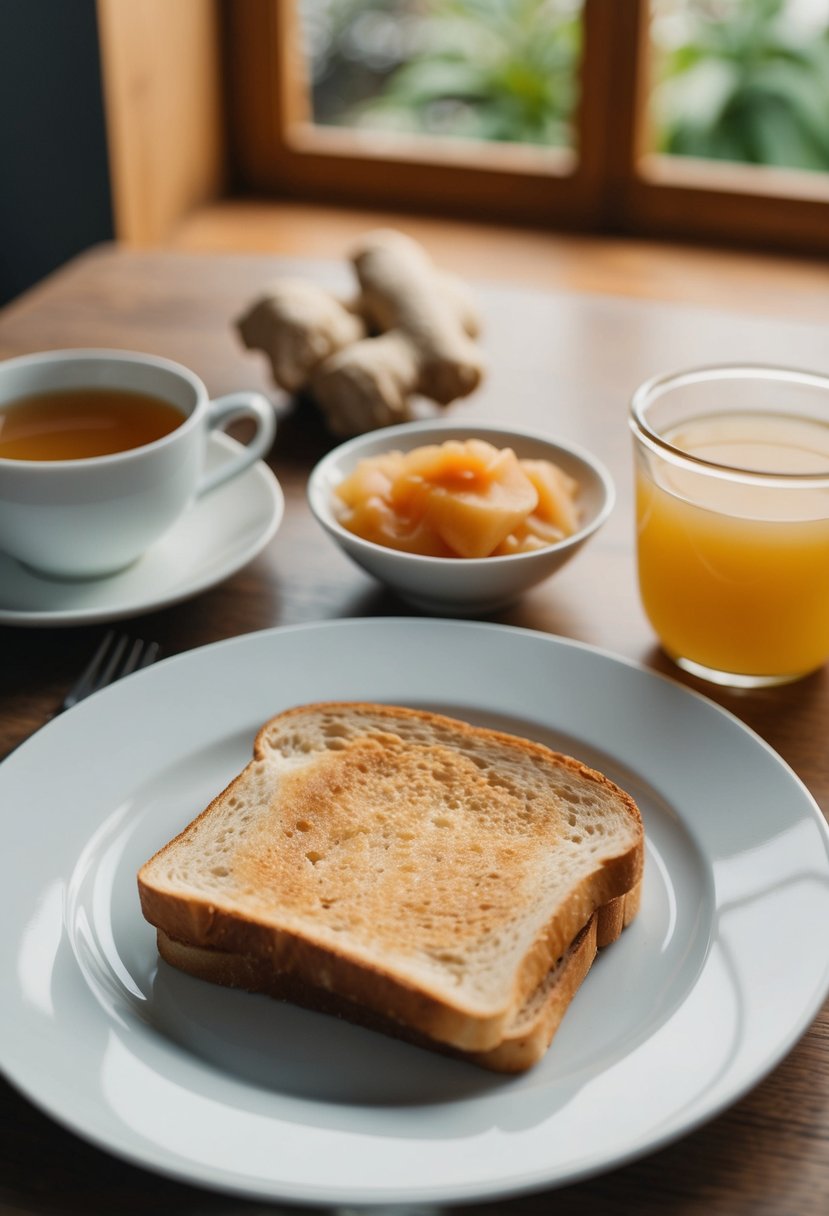 A table with a plate of plain toast, ginger tea, and a bowl of applesauce