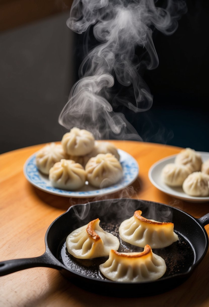 A sizzling skillet holds golden brown dumplings, steam rising, with a plate of fluffy boiled dumplings nearby