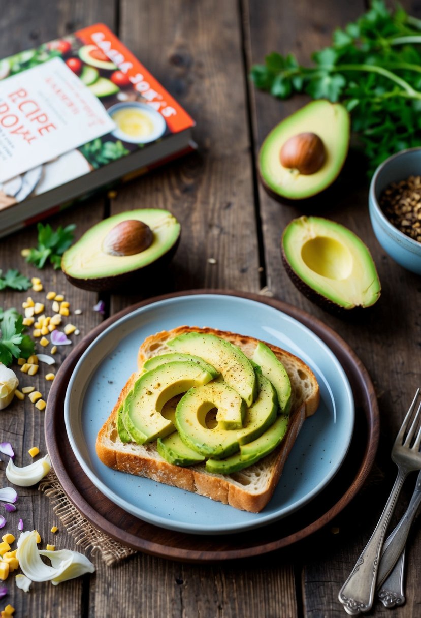 A rustic wooden table topped with a plate of golden-brown ciabatta avocado toast, surrounded by scattered ingredients and a Trader Joe's recipe book