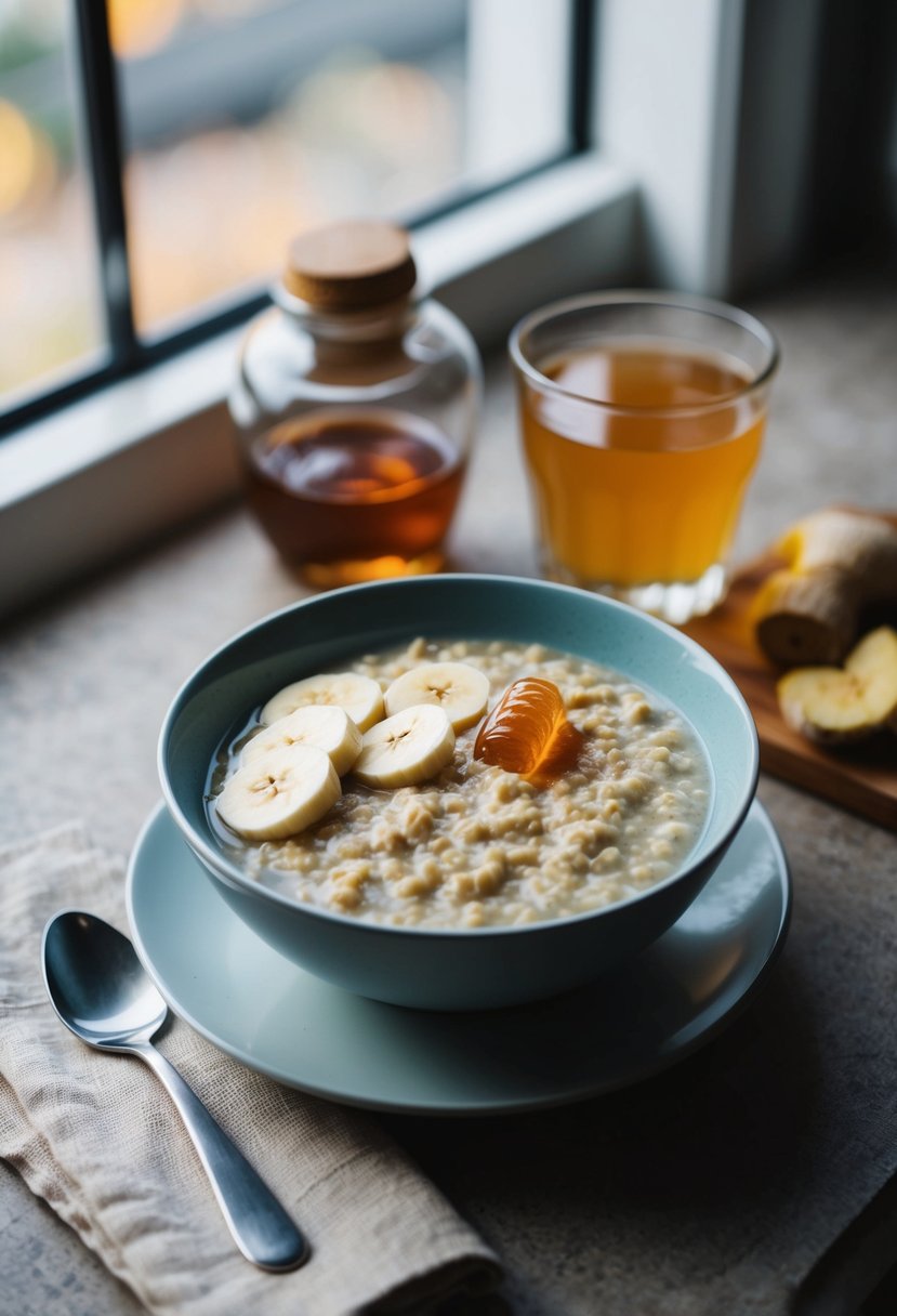 A bowl of oatmeal with sliced banana and honey, next to a glass of ginger tea, on a cozy kitchen table