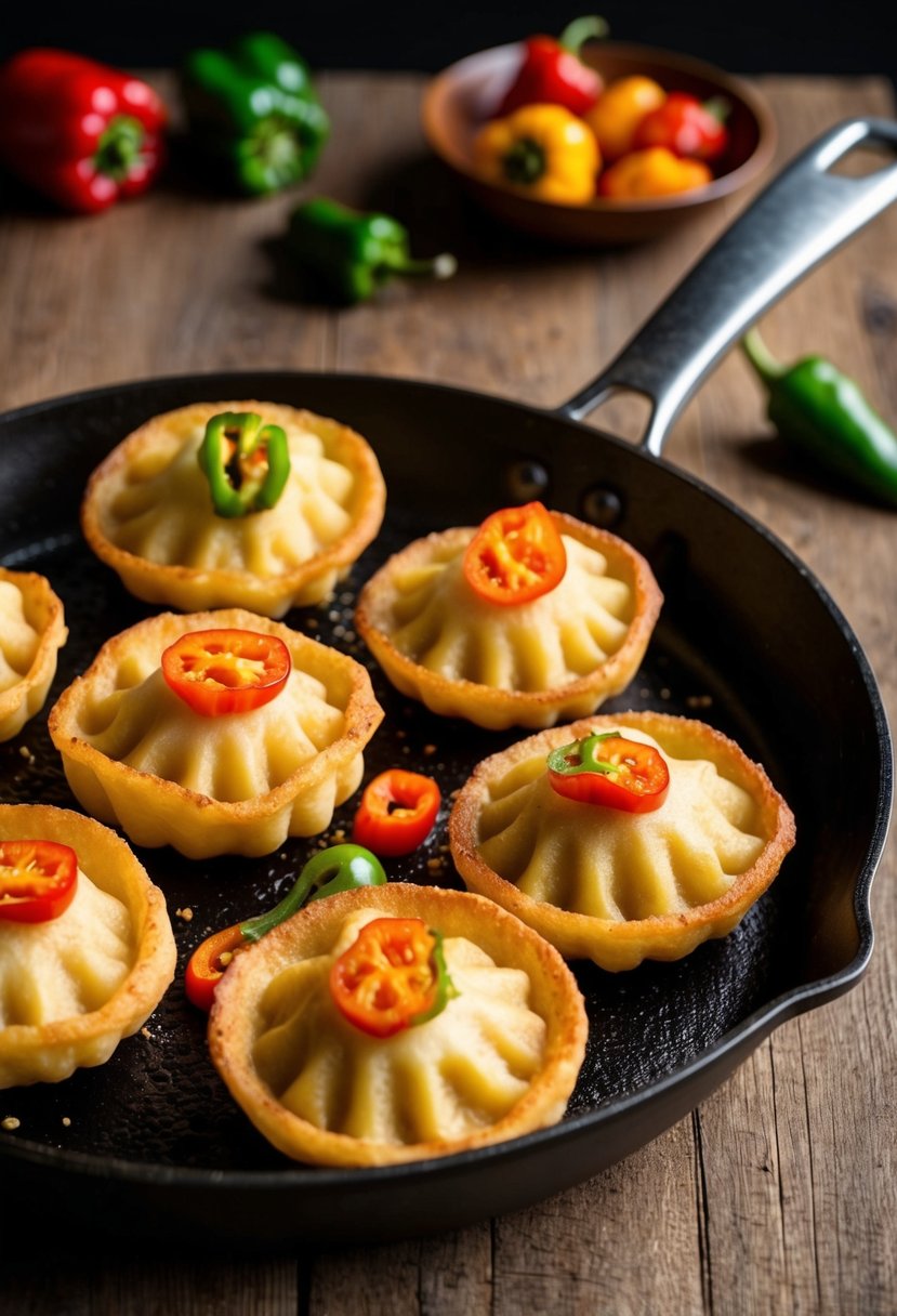 A sizzling skillet of golden fried dumplings with Scotch Bonnet peppers