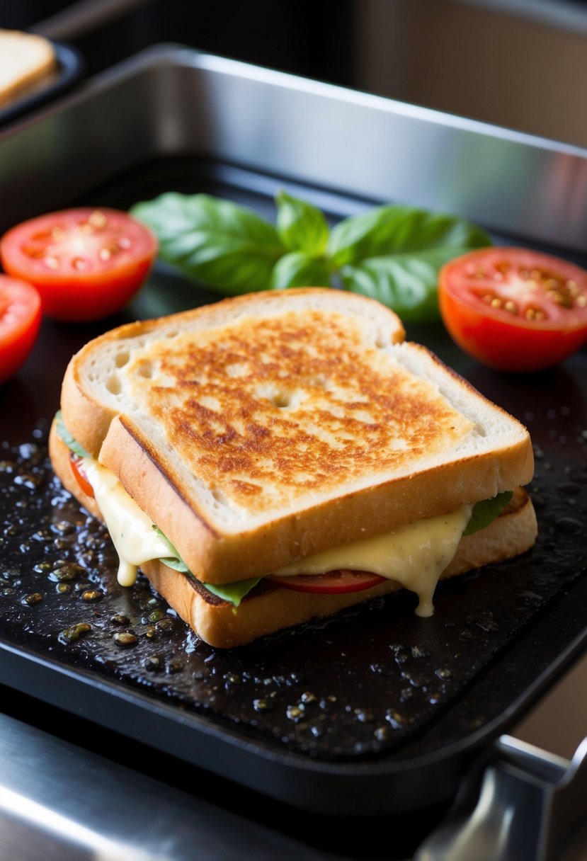 A sizzling ciabatta grilled cheese sandwich cooks on a hot griddle, surrounded by fresh ingredients like tomatoes and basil