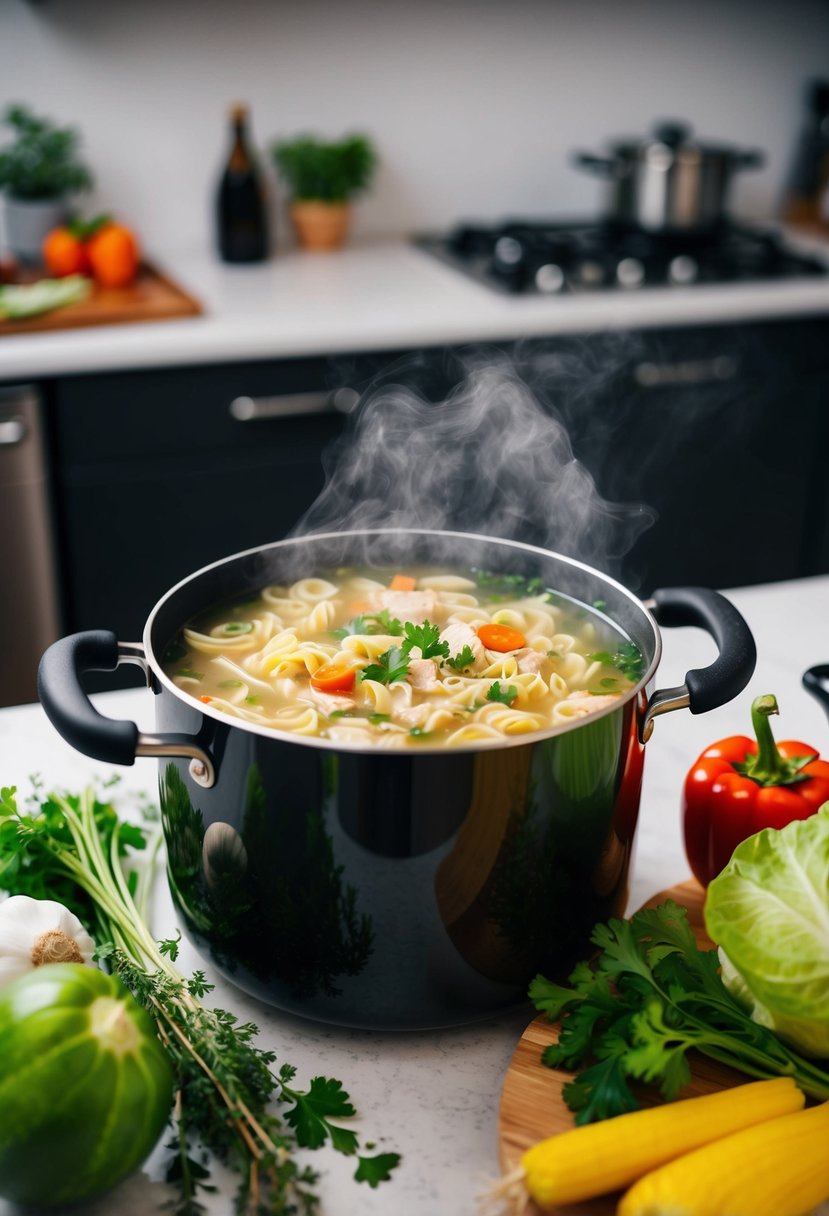 A pot of steaming chicken noodle soup surrounded by fresh vegetables and herbs on a kitchen counter