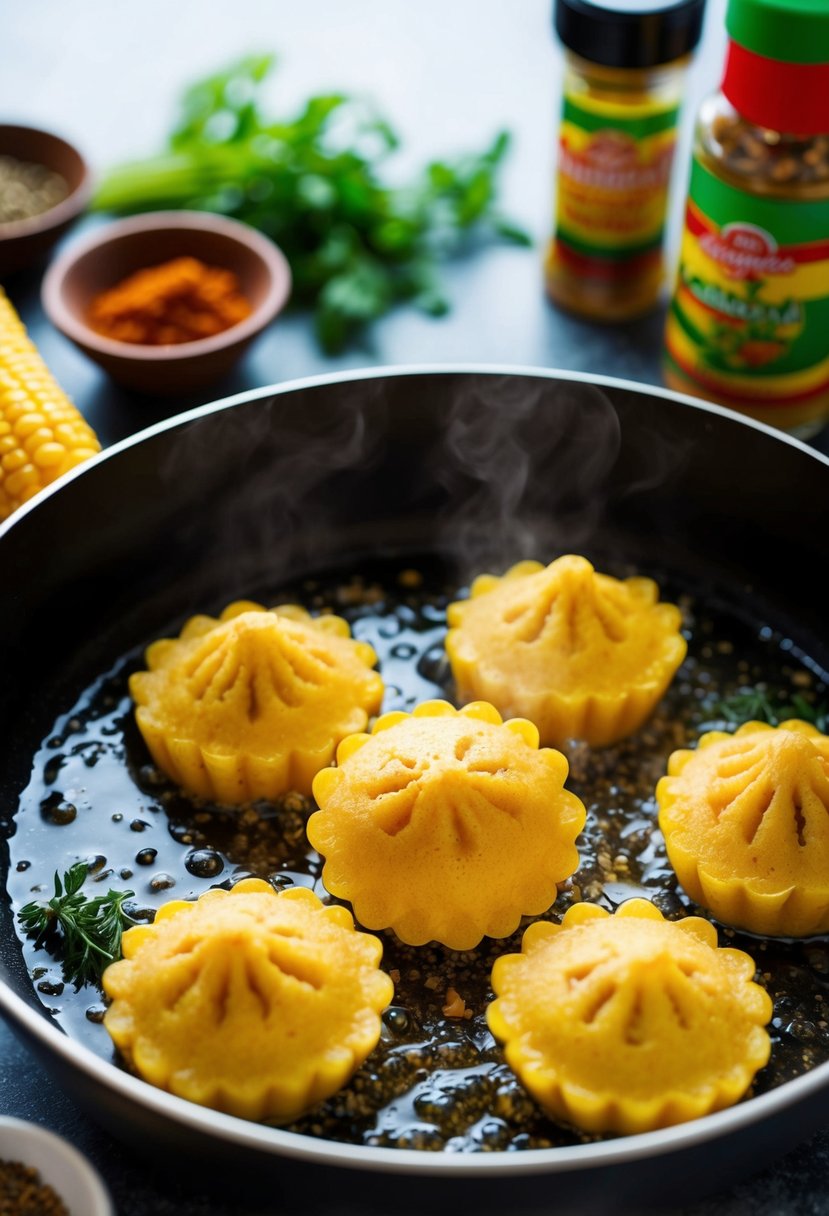 Golden cornmeal dumplings sizzling in hot oil, surrounded by aromatic Jamaican spices and herbs