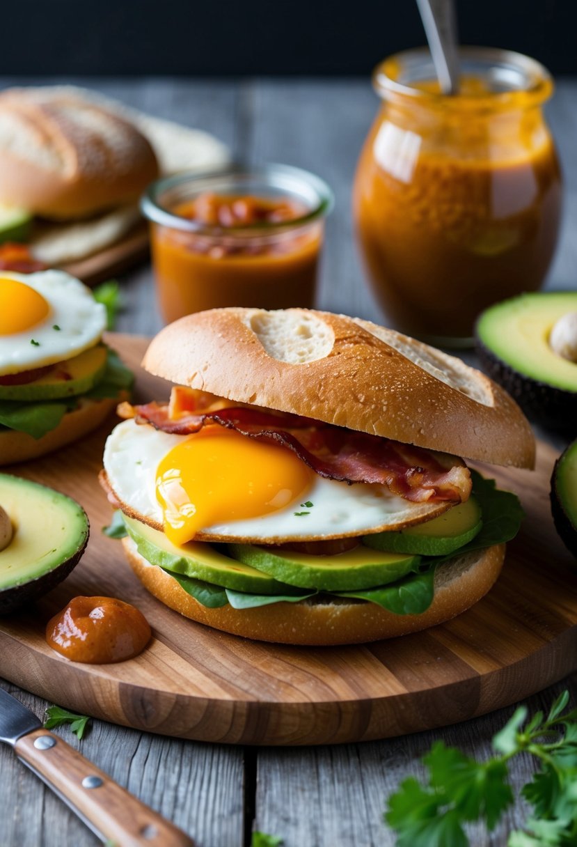 A ciabatta breakfast sandwich with eggs, bacon, and avocado on a wooden cutting board, surrounded by fresh ingredients and a jar of homemade sauce