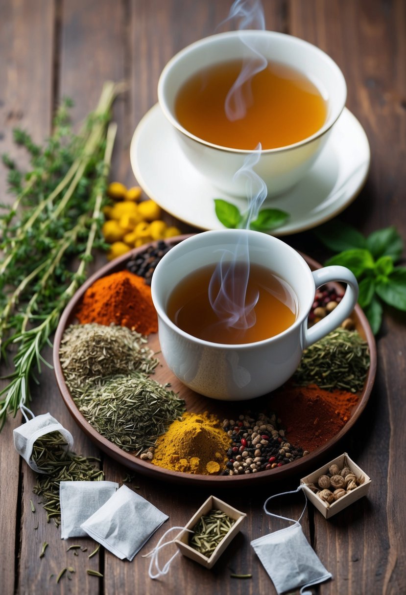 A collection of assorted herbs and spices arranged on a wooden table, with a steaming cup of herbal tea and a few empty tea bags nearby