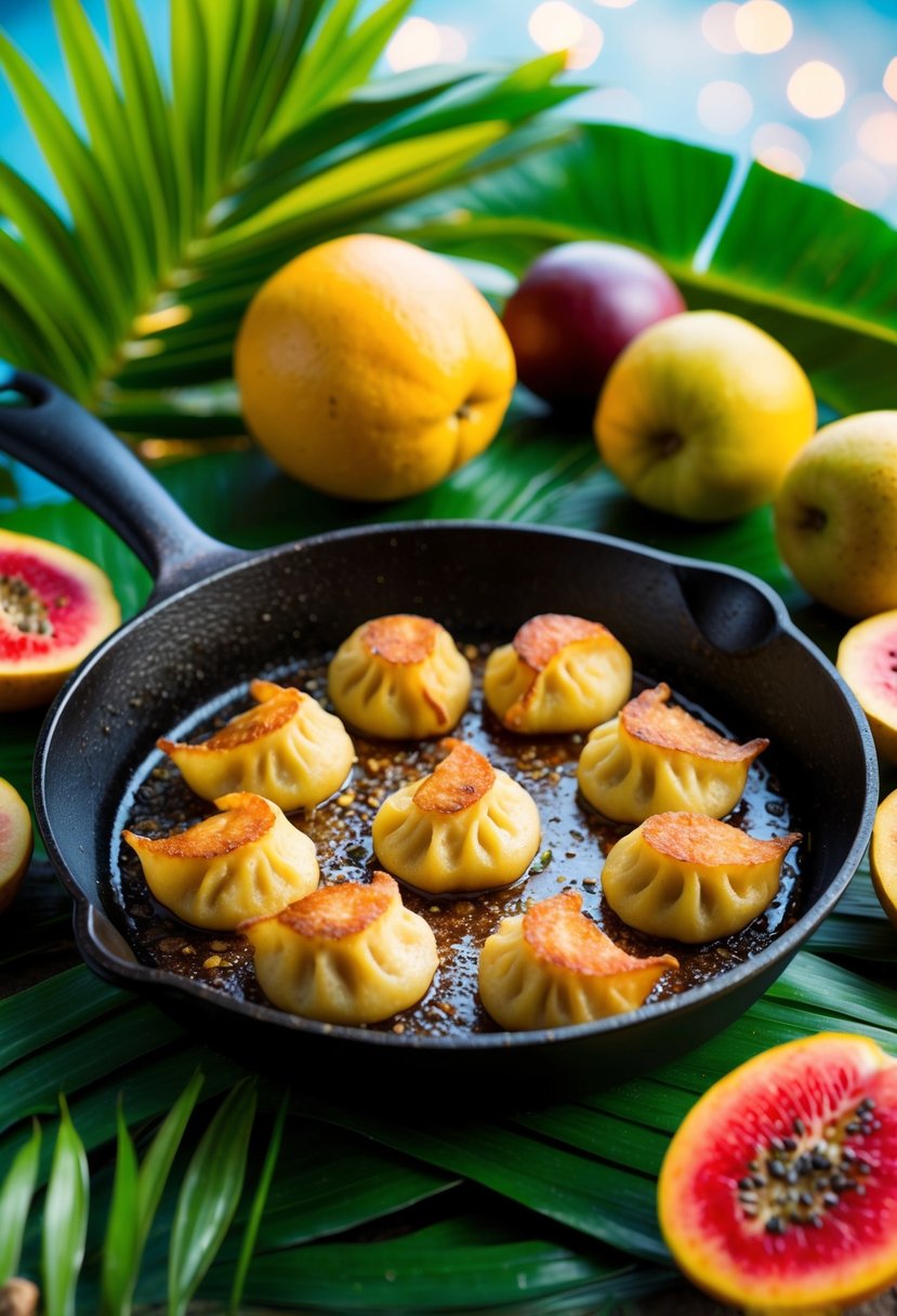 A sizzling skillet with golden-brown fried dumplings surrounded by tropical fruits and vibrant island foliage