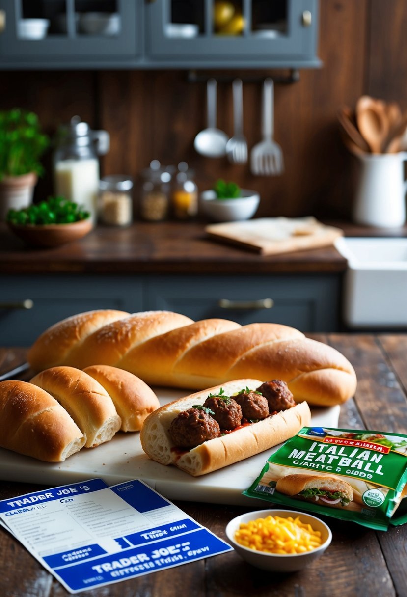 A rustic kitchen counter with ingredients for Italian meatball ciabatta subs, including ciabatta rolls and Trader Joe's recipe cards