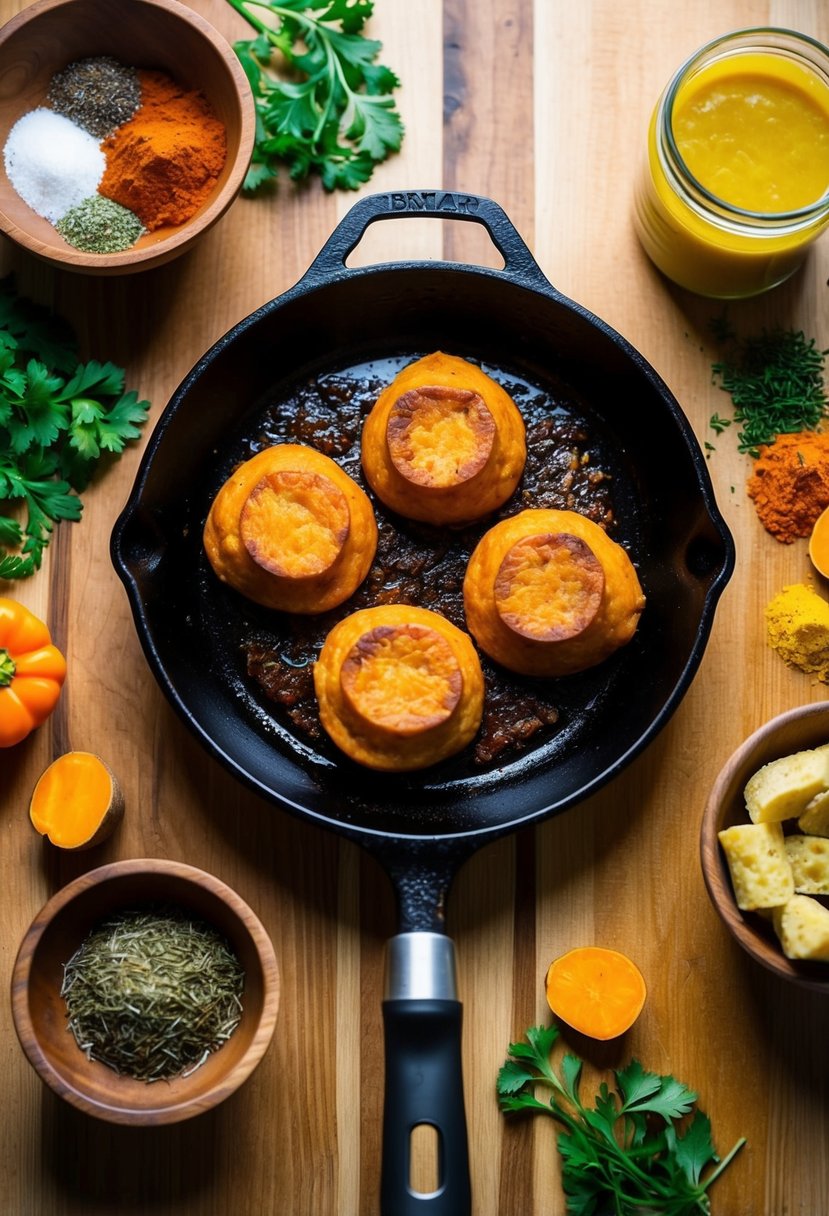 A sizzling skillet holds golden brown sweet potato dumplings, surrounded by vibrant Jamaican spices and herbs