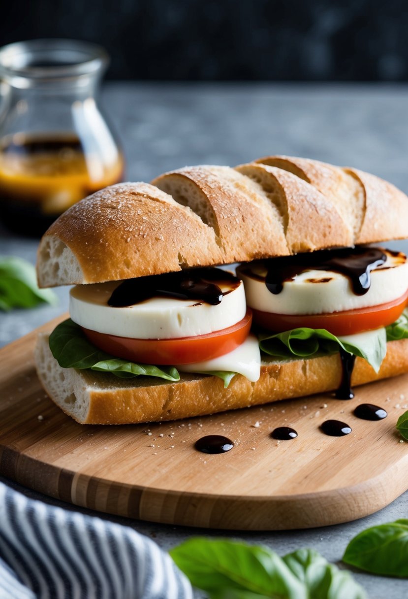 A rustic ciabatta sandwich with fresh tomatoes, mozzarella, basil, and balsamic glaze on a wooden cutting board