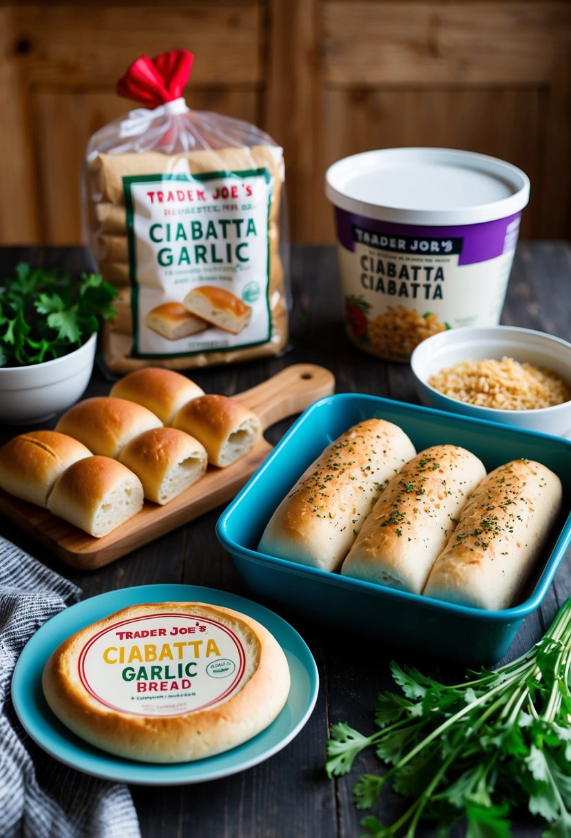 A table set with Trader Joe's Ciabatta Garlic Bread, everything ciabatta rolls, and ingredients for Trader Joe's recipes