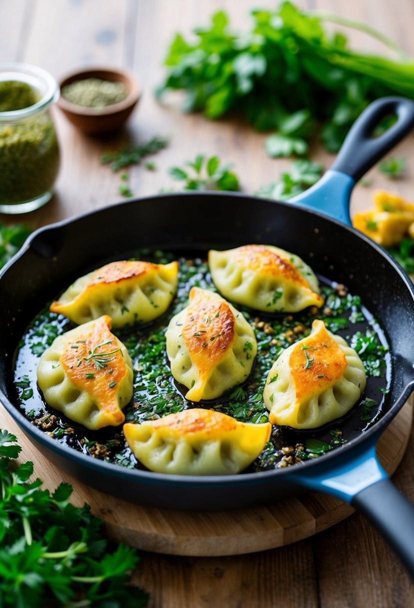 A sizzling skillet with golden brown herb-infused dumplings, surrounded by vibrant green herbs and spices