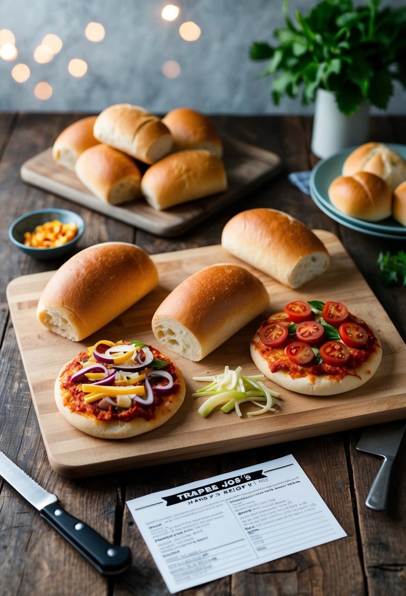 A rustic kitchen scene with a cutting board, ciabatta rolls, pizza toppings, and a Trader Joe's recipe card