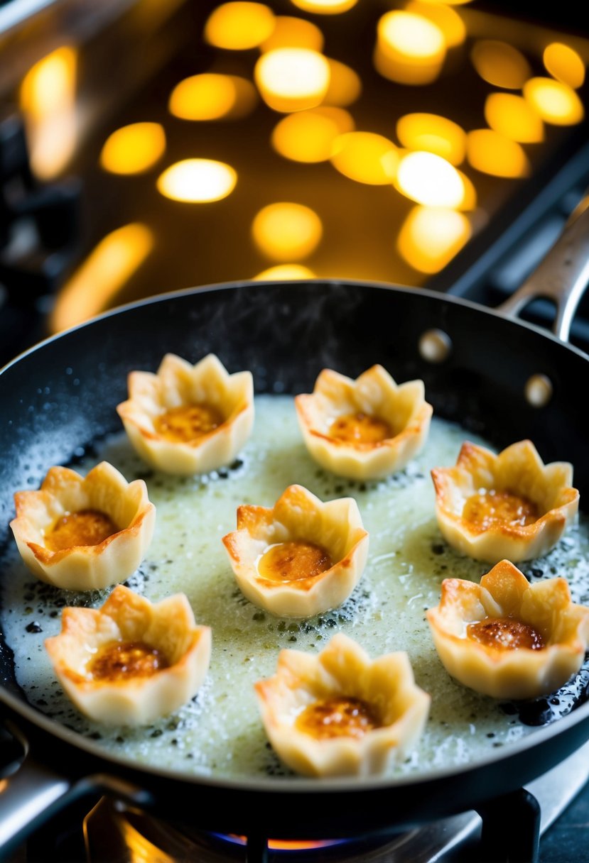 A sizzling pan of golden-brown coconut milk dumplings frying in hot oil