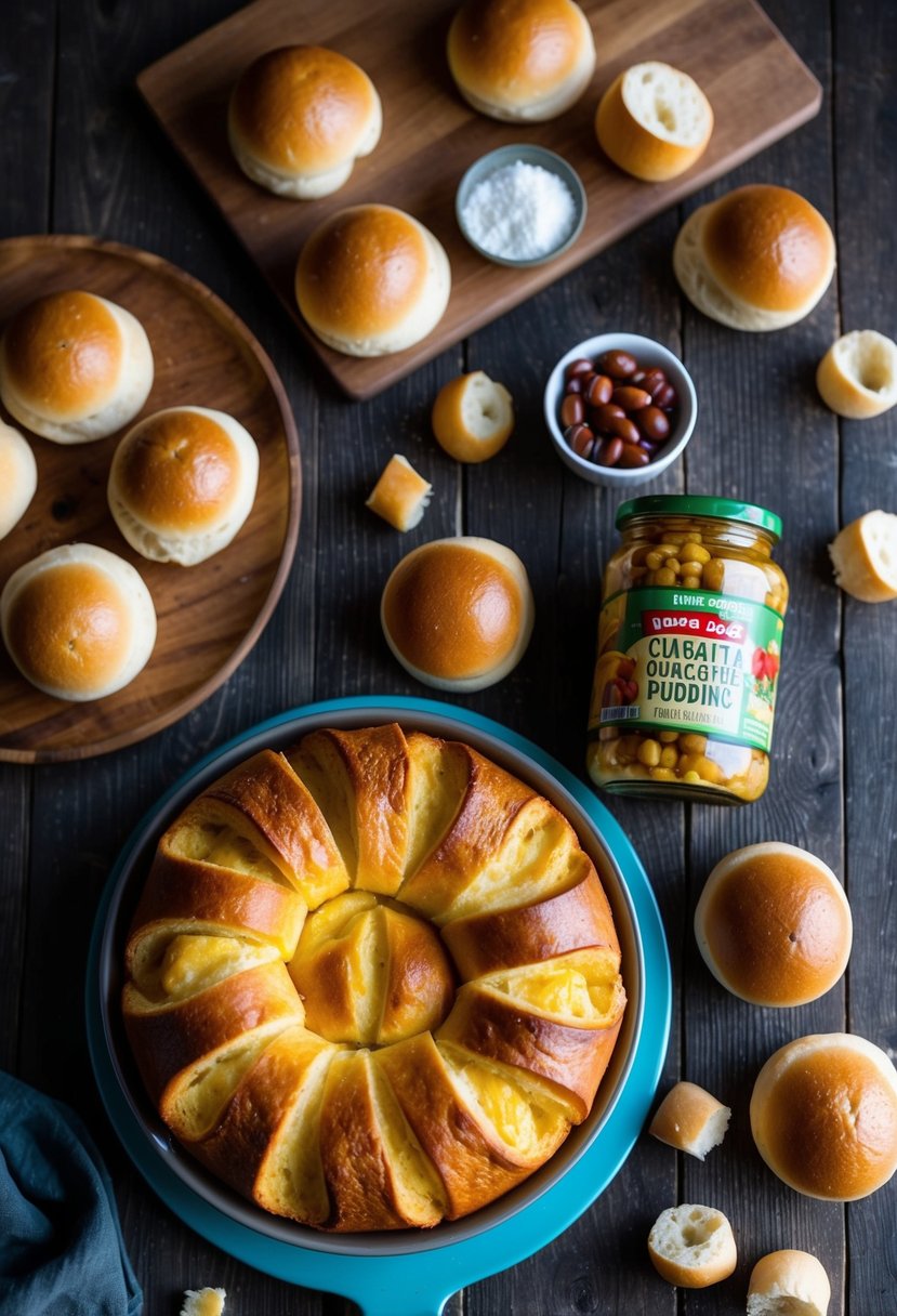 A rustic kitchen table with a platter of golden-brown ciabatta bread pudding, surrounded by scattered ciabatta rolls and a jar of trader joe's ingredients