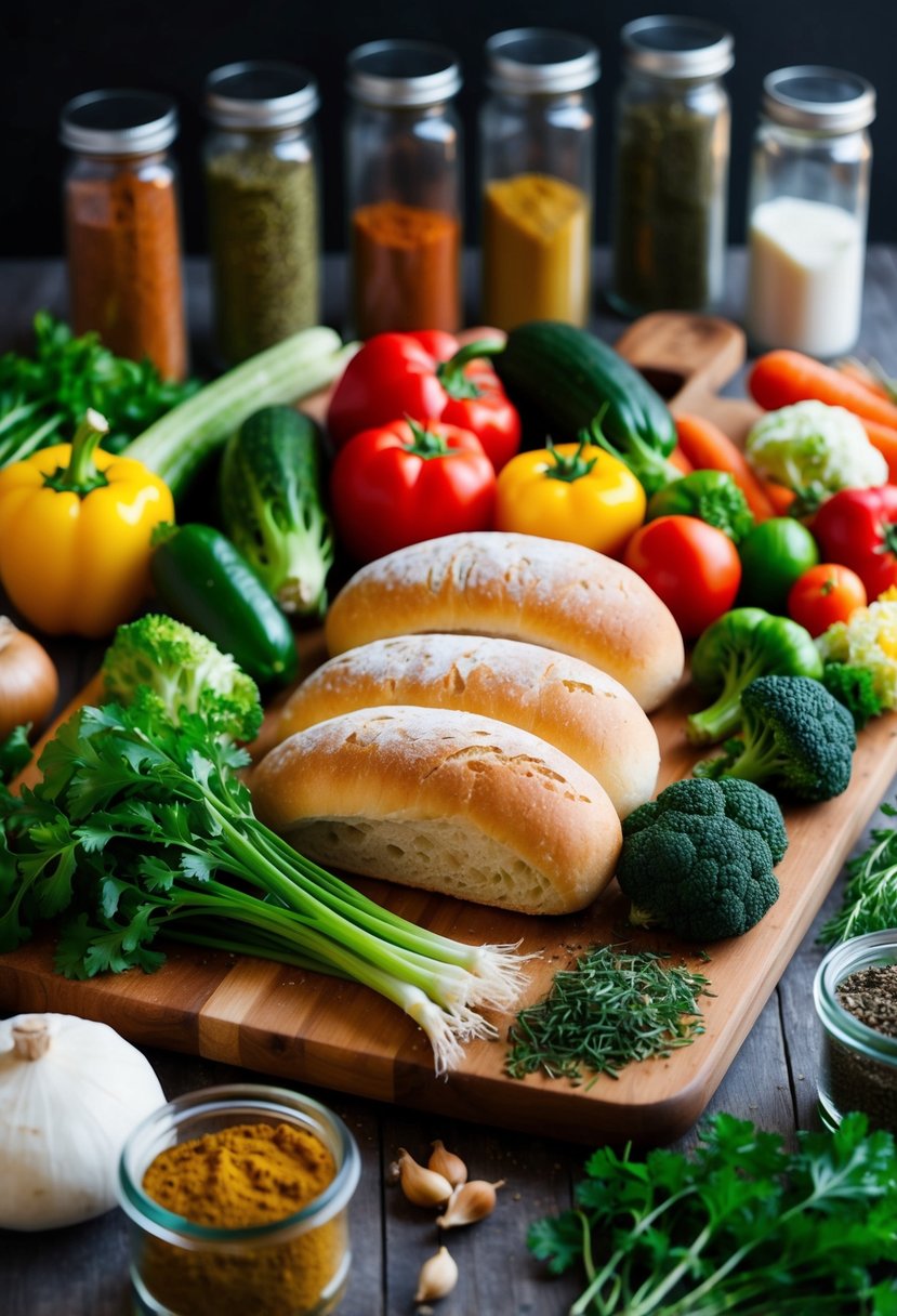 A colorful array of fresh vegetables and ciabatta rolls arranged on a wooden cutting board, surrounded by jars of various spices and herbs