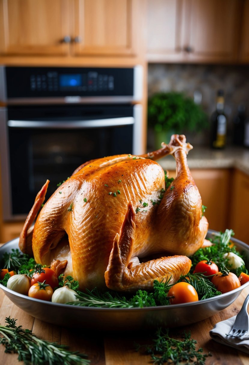 A whole turkey sitting in a roasting pan surrounded by herbs and vegetables, with an oven in the background