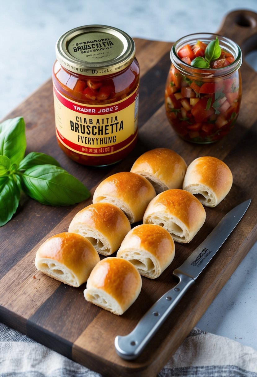 A rustic wooden cutting board with Trader Joe's Ciabatta Bruschetta everything ciabatta rolls arranged next to a jar of bruschetta and a sprig of fresh basil